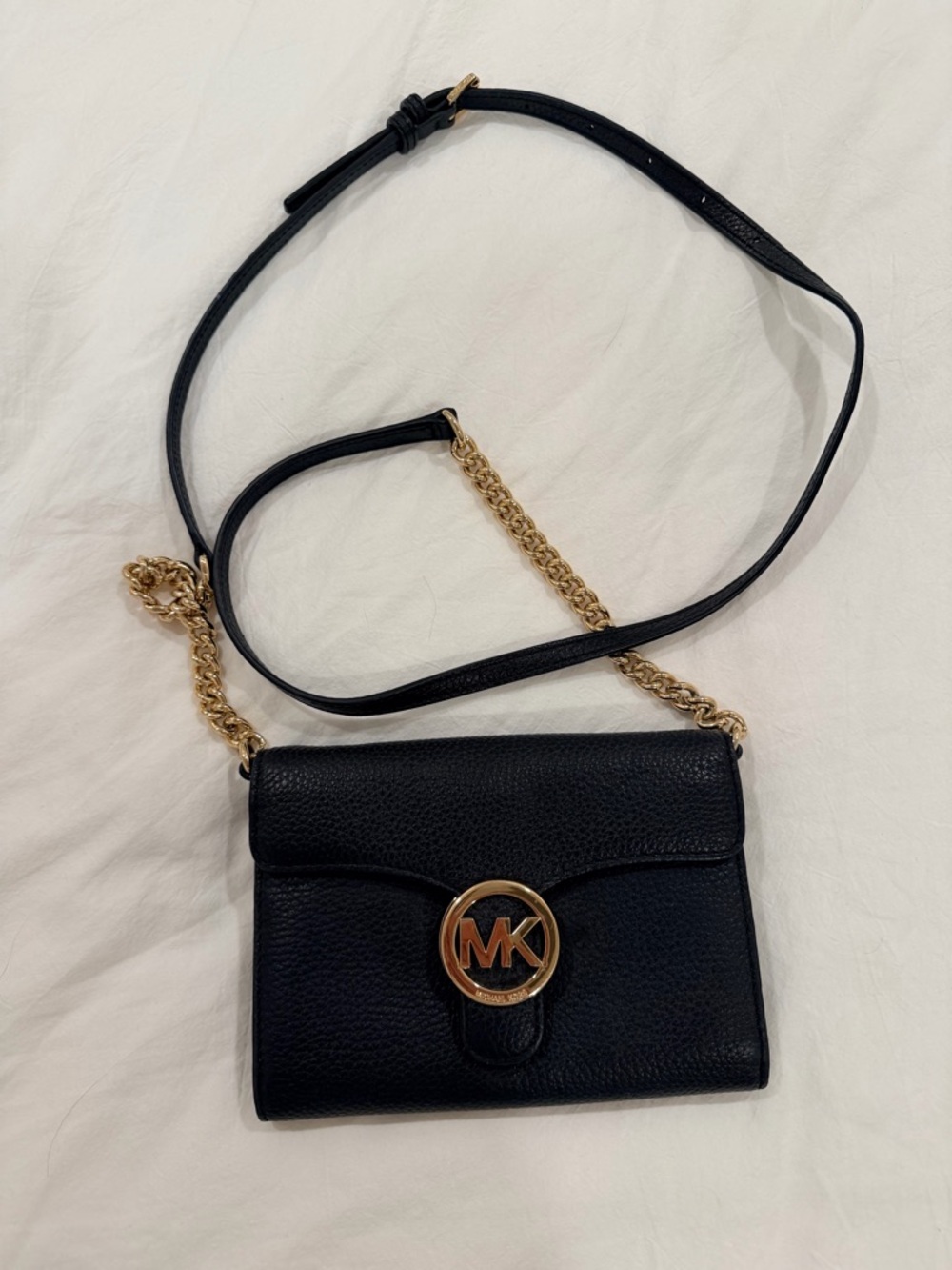 Michael Kors Black Pebbled Leather Crossbody with Gold MK Emblem